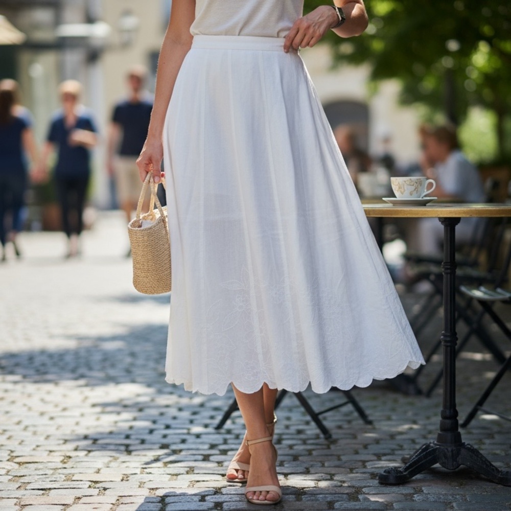Tweeds White Linen Rayon Floral Embroidered‎ Scalloped Hem Lined Maxi Dress